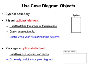 Use Case Diagram Objects
• System boundary
• It is an optional element
– Used to define the scope of the use case
– Drawn as a rectangle.
– Useful when your visualizing large systems
• Package is optional element
– Used to group together use cases
– Extremely useful in complex diagrams.
 
