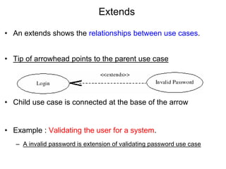 Extends
• An extends shows the relationships between use cases.
• Tip of arrowhead points to the parent use case
• Child use case is connected at the base of the arrow
• Example : Validating the user for a system.
– A invalid password is extension of validating password use case
 