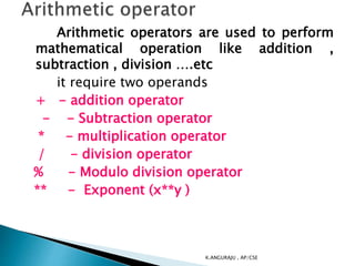 Arithmetic operators are used to perform
mathematical operation like addition ,
subtraction , division ….etc
it require two operands
+ - addition operator
- - Subtraction operator
* - multiplication operator
/ - division operator
% - Modulo division operator
** - Exponent (x**y )
K.ANGURAJU , AP/CSE
 
