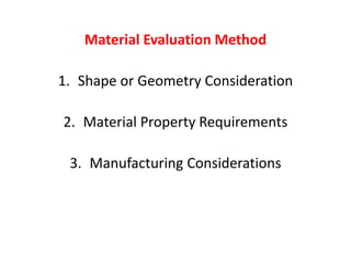Material Evaluation Method
1. Shape or Geometry Consideration
2. Material Property Requirements
3. Manufacturing Considerations
 