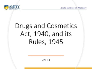 Drugs and Cosmetics
Act, 1940, and its
Rules, 1945
UNIT-1
 