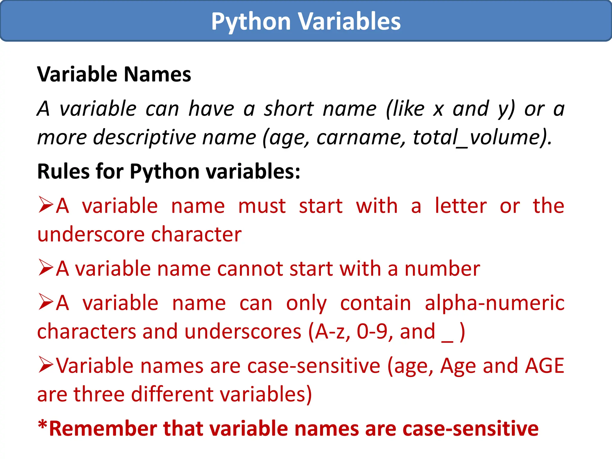 Variable Names
A variable can have a short name (like x and y) or a
more descriptive name (age, carname, total_volume).
Rules for Python variables:
A variable name must start with a letter or the
underscore character
A variable name cannot start with a number
A variable name can only contain alpha-numeric
characters and underscores (A-z, 0-9, and _ )
Variable names are case-sensitive (age, Age and AGE
are three different variables)
*Remember that variable names are case-sensitive
Python Variables
 