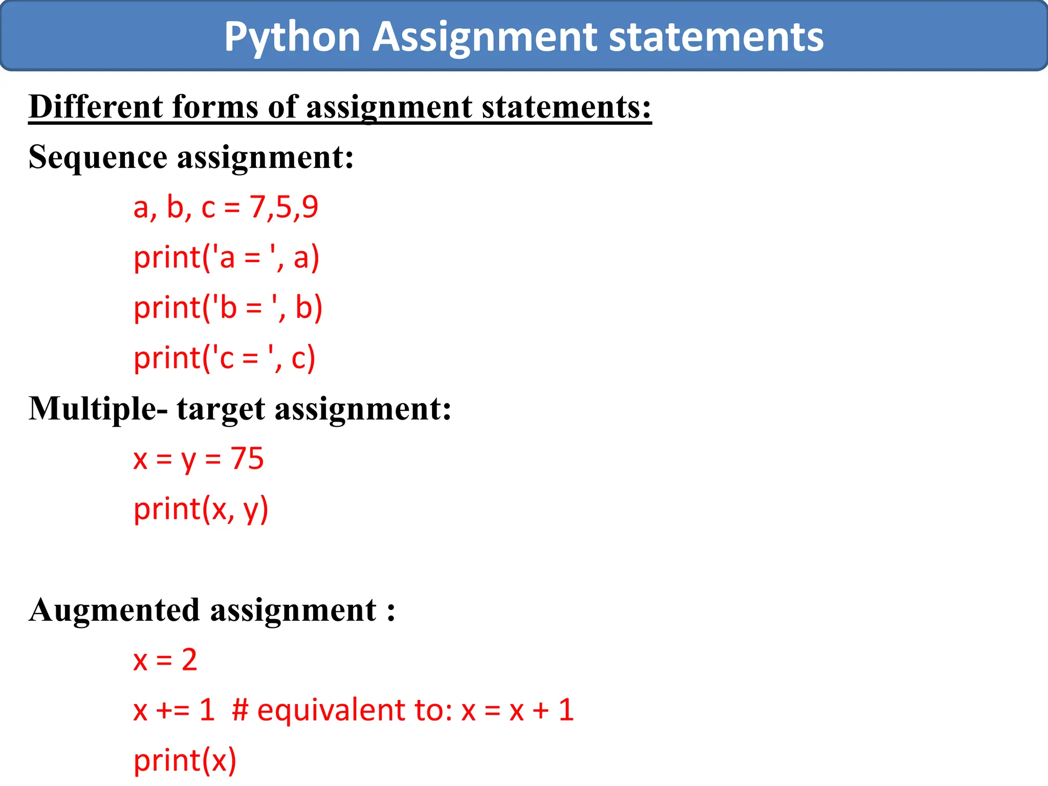 Different forms of assignment statements:
Sequence assignment:
a, b, c = 7,5,9
print('a = ', a)
print('b = ', b)
print('c = ', c)
Multiple- target assignment:
x = y = 75
print(x, y)
Augmented assignment :
x = 2
x += 1 # equivalent to: x = x + 1
print(x)
Python Assignment statements
 