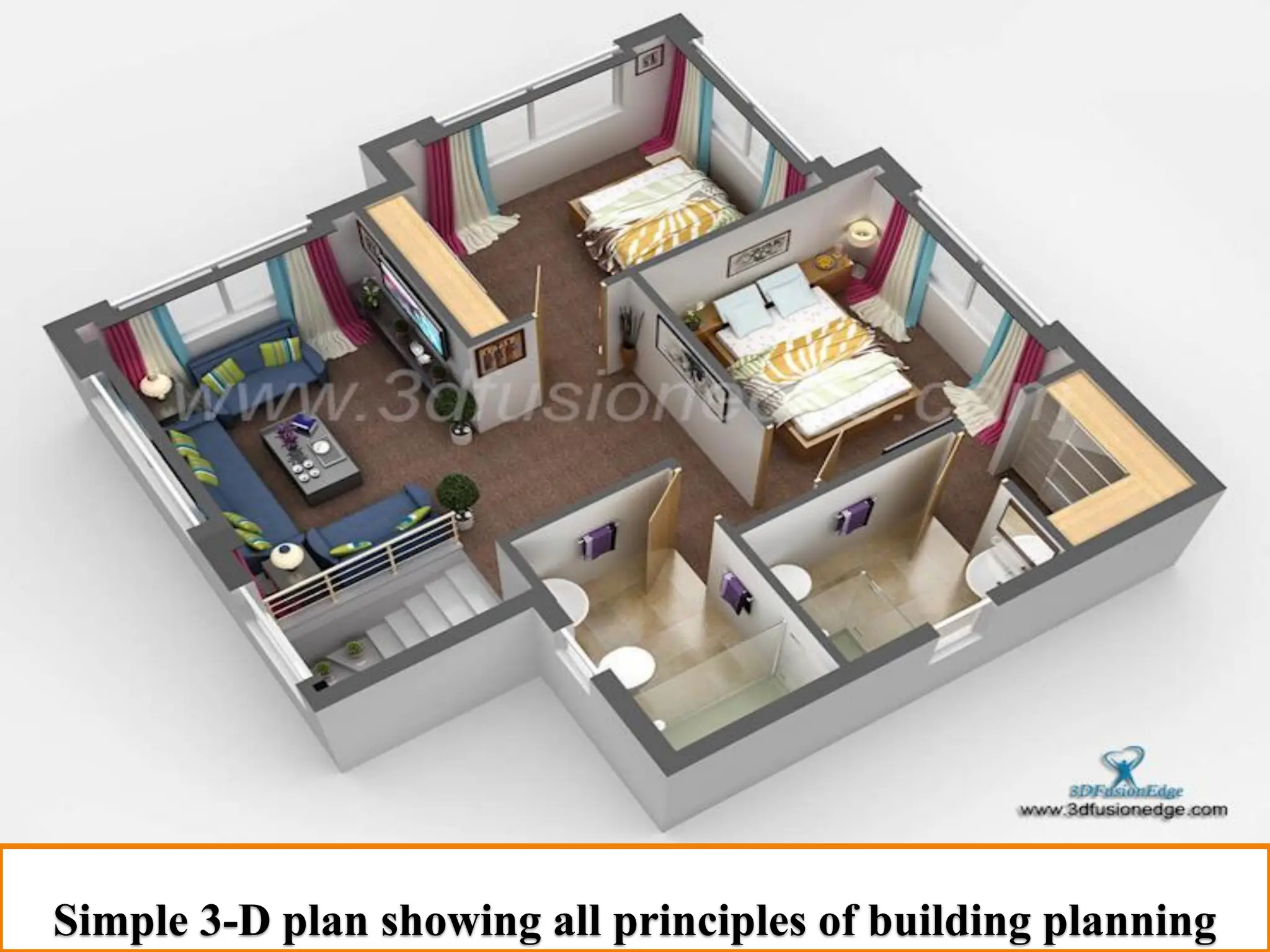Simple 3-D plan showing all principles of building planning
 