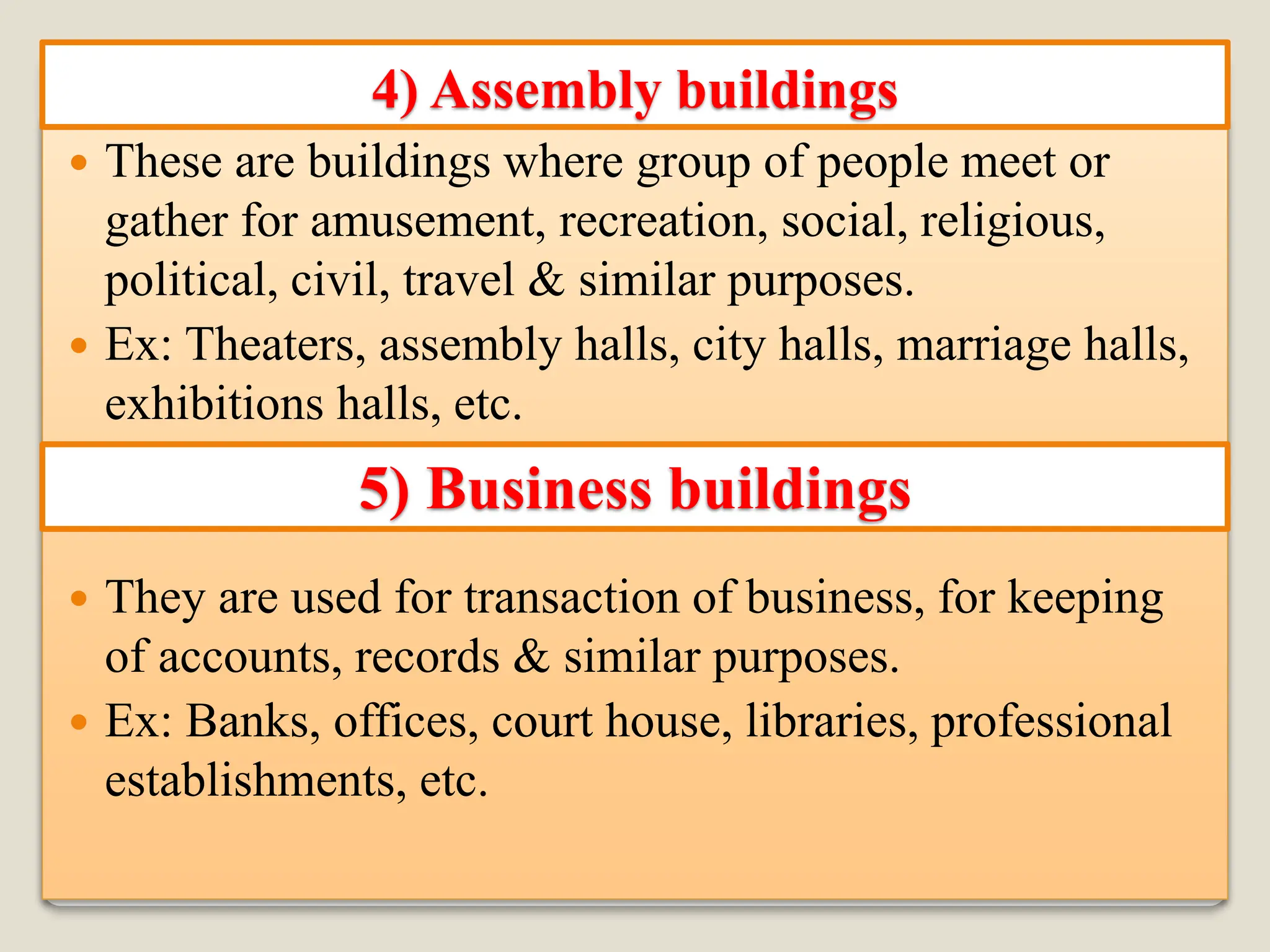  These are buildings where group of people meet or
gather for amusement, recreation, social, religious,
political, civil, travel & similar purposes.
 Ex: Theaters, assembly halls, city halls, marriage halls,
exhibitions halls, etc.
 They are used for transaction of business, for keeping
of accounts, records & similar purposes.
 Ex: Banks, offices, court house, libraries, professional
establishments, etc.
4) Assembly buildings
5) Business buildings
 