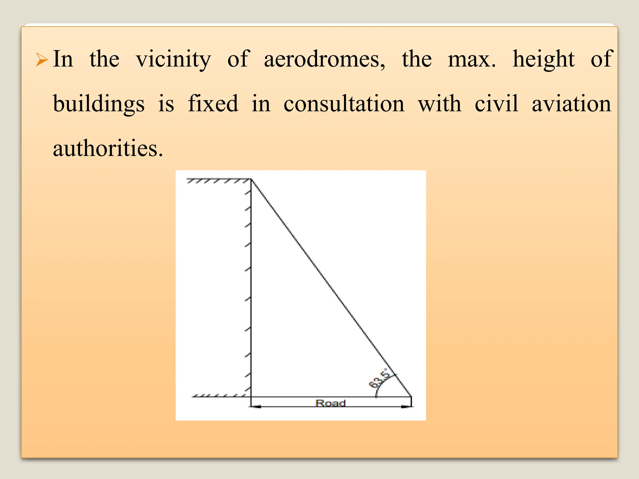 ➢In the vicinity of aerodromes, the max. height of
buildings is fixed in consultation with civil aviation
authorities.
 