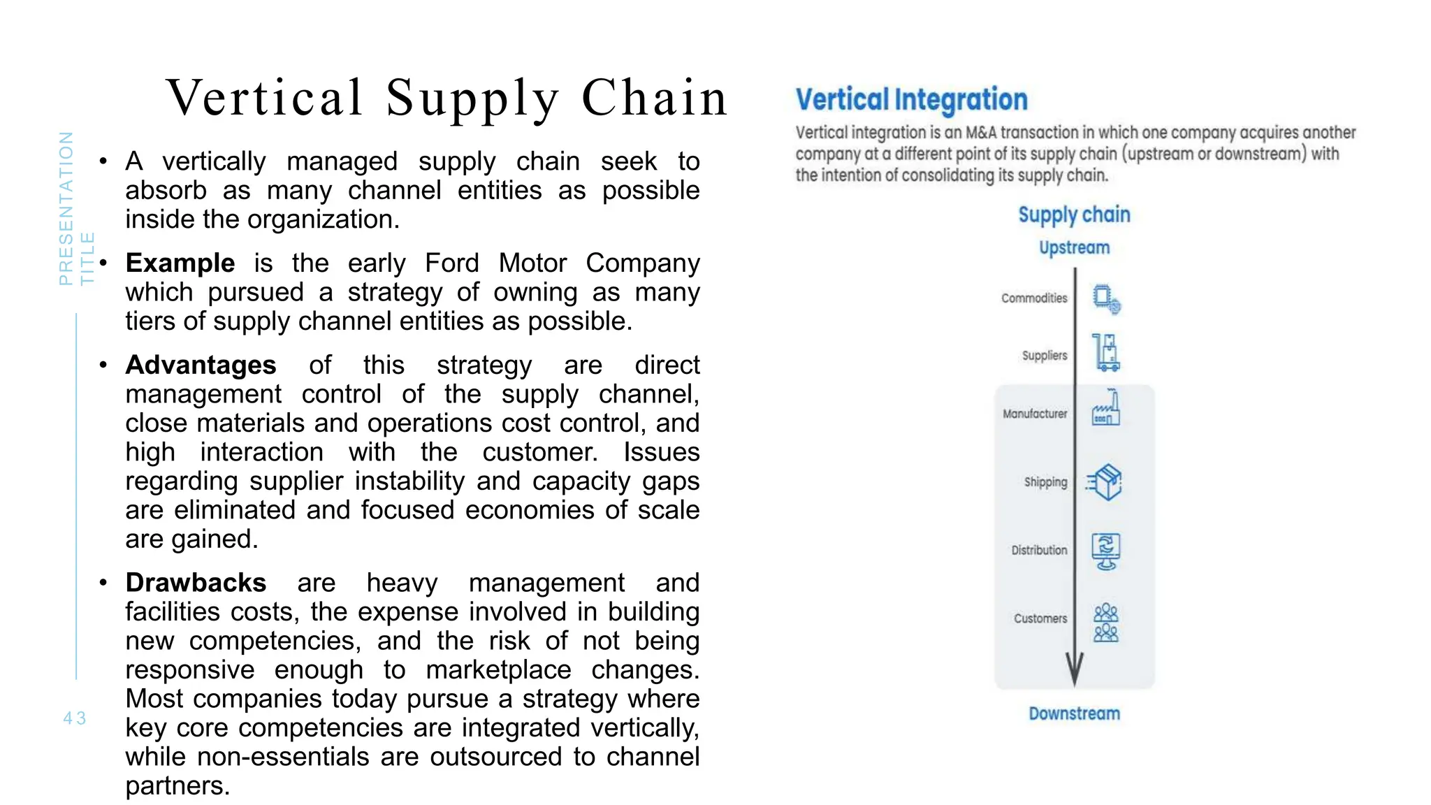 Vertical Supply Chain
• A vertically managed supply chain seek to
absorb as many channel entities as possible
inside the organization.
• Example is the early Ford Motor Company
which pursued a strategy of owning as many
tiers of supply channel entities as possible.
• Advantages of this strategy are direct
management control of the supply channel,
close materials and operations cost control, and
high interaction with the customer. Issues
regarding supplier instability and capacity gaps
are eliminated and focused economies of scale
are gained.
• Drawbacks are heavy management and
facilities costs, the expense involved in building
new competencies, and the risk of not being
responsive enough to marketplace changes.
Most companies today pursue a strategy where
key core competencies are integrated vertically,
while non-essentials are outsourced to channel
partners.
4 3
PRESENTATION
TITLE
 