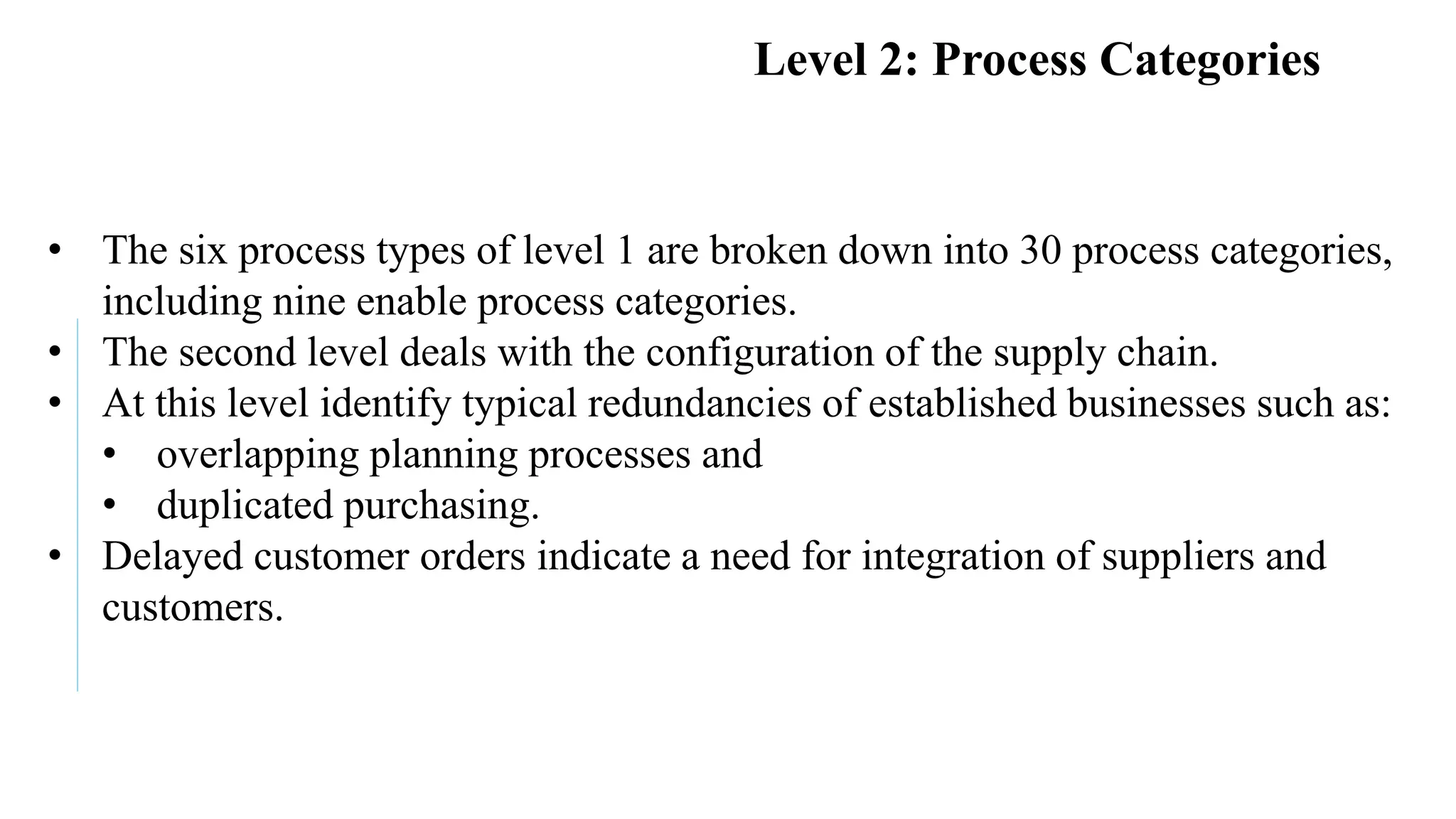 Faculty of Management Sciences
Level 2: Process Categories
• The six process types of level 1 are broken down into 30 process categories,
including nine enable process categories.
• The second level deals with the configuration of the supply chain.
• At this level identify typical redundancies of established businesses such as:
• overlapping planning processes and
• duplicated purchasing.
• Delayed customer orders indicate a need for integration of suppliers and
customers.
 