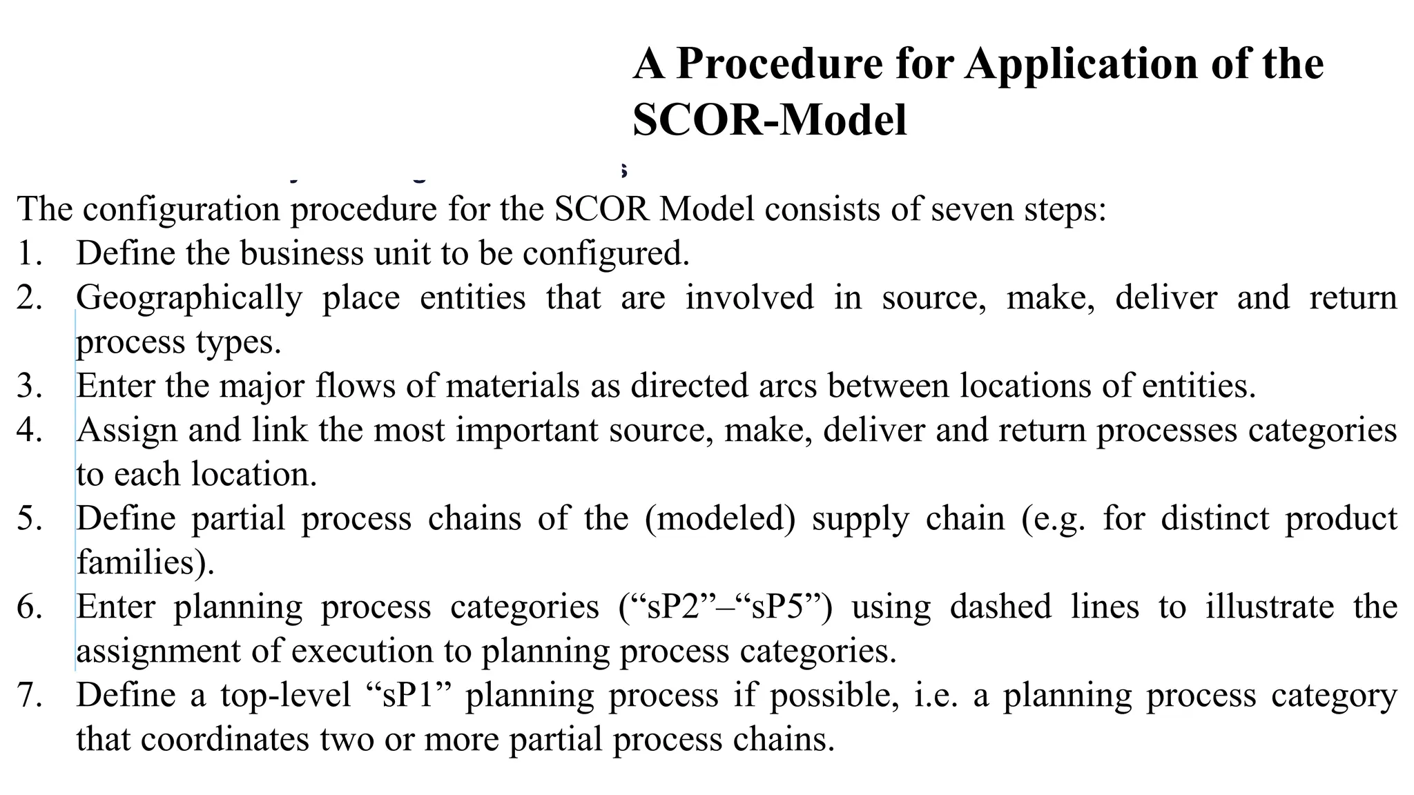 Faculty of Management Sciences
A Procedure for Application of the
SCOR-Model
The configuration procedure for the SCOR Model consists of seven steps:
1. Define the business unit to be configured.
2. Geographically place entities that are involved in source, make, deliver and return
process types.
3. Enter the major flows of materials as directed arcs between locations of entities.
4. Assign and link the most important source, make, deliver and return processes categories
to each location.
5. Define partial process chains of the (modeled) supply chain (e.g. for distinct product
families).
6. Enter planning process categories (“sP2”–“sP5”) using dashed lines to illustrate the
assignment of execution to planning process categories.
7. Define a top-level “sP1” planning process if possible, i.e. a planning process category
that coordinates two or more partial process chains.
 