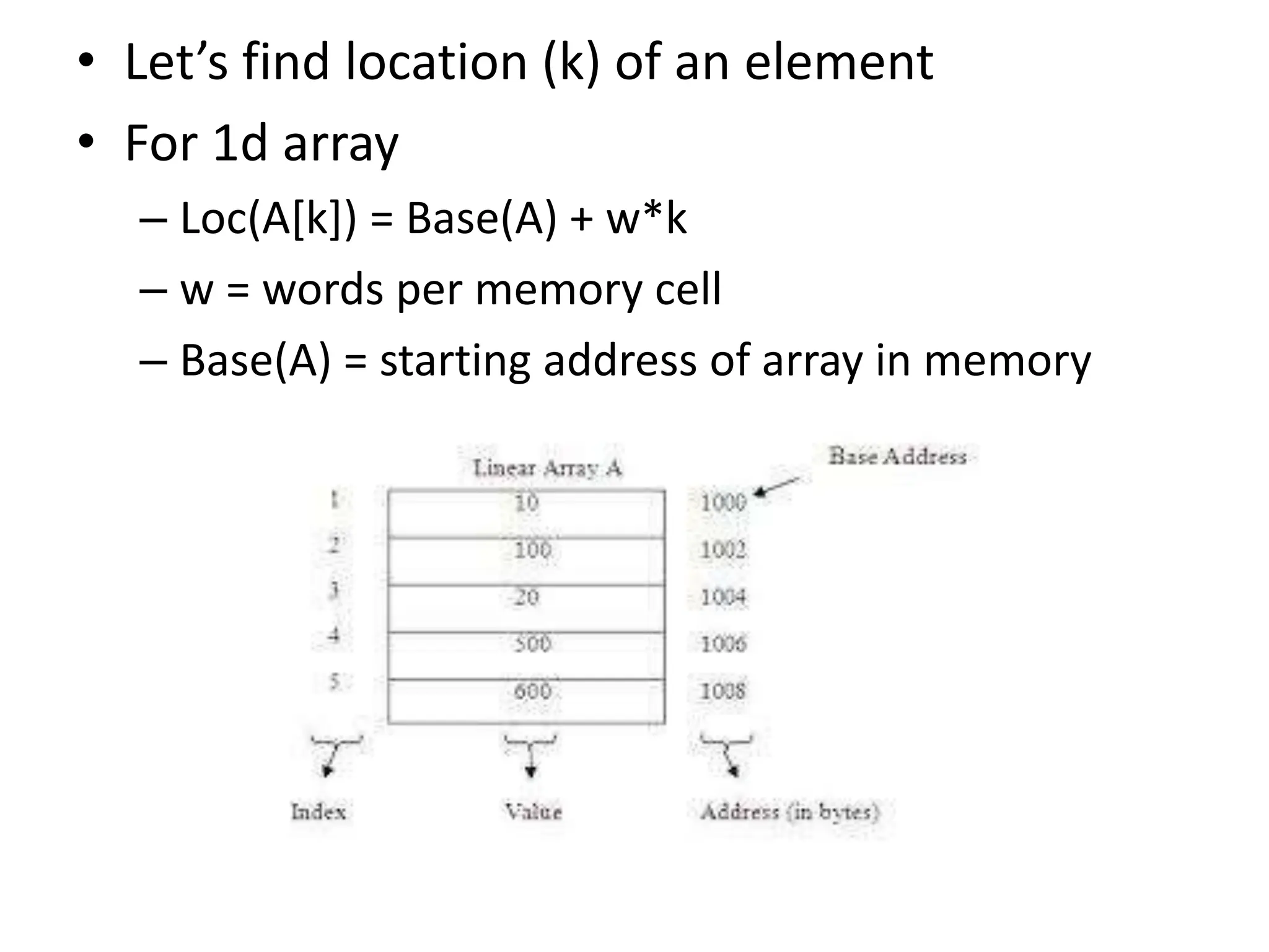 • Let’s find location (k) of an element • For 1d array – Loc(A[k]) = Base(A) + w*k – w = words per memory cell – Base(A) = starting address of array in memory 