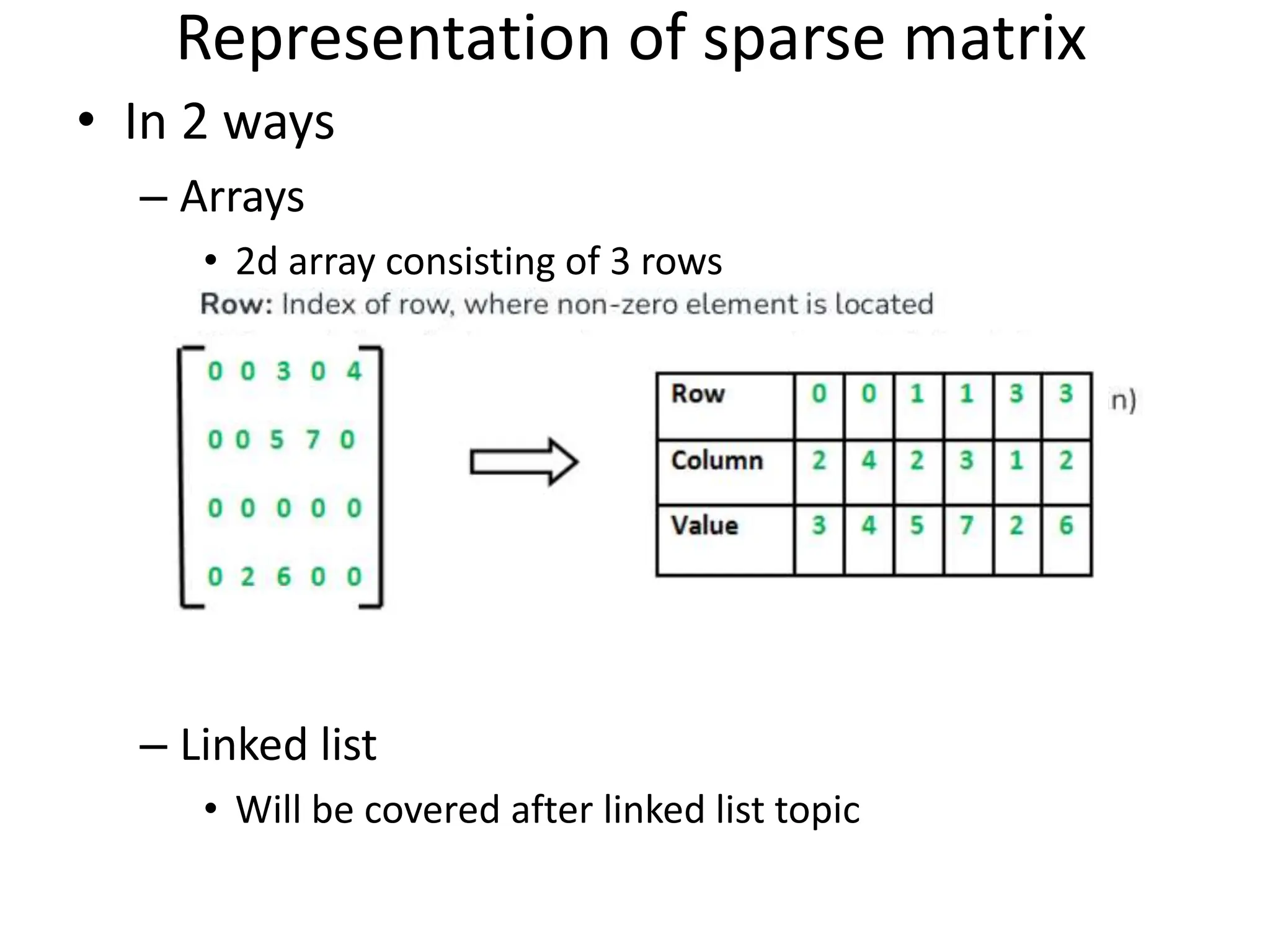 Representation of sparse matrix • In 2 ways – Arrays • 2d array consisting of 3 rows – Linked list • Will be covered after linked list topic 