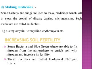  Some Bacteria and Blue Green Algae are able to fix
nitrogen from the atmosphere to enrich soil with
nitrogen and increase its fertility.
 These microbes are called Biological Nitrogen
Fixers.
d) Making medicines :-
Some bacteria and fungi are used to make medicines which kill
or stops the growth of disease causing microrganisms. Such
medicines are called antibiotics.
Eg :- streptomycin, tetracycline, erythromycin etc.
 