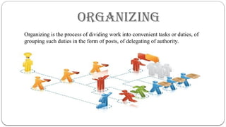 ORGANIZING
Organizing is the process of dividing work into convenient tasks or duties, of
grouping such duties in the form of posts, of delegating of authority.
 