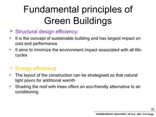 VANKIRI MADHU (203418025) / M.Tech. (EE) / Civil Engg.
Fundamental principles of
Green Buildings
 Structural design efficiency:
• It is the concept of sustainable building and has largest impact on
cost and performance
• It aims to minimize the environment impact associated with all life-
cycles
 Energy efficiency:
• The layout of the construction can be strategised so that natural
light pours for additional wamth
• Shading the roof with trees offers an eco-friendly alternative to air
conditioning
22
 