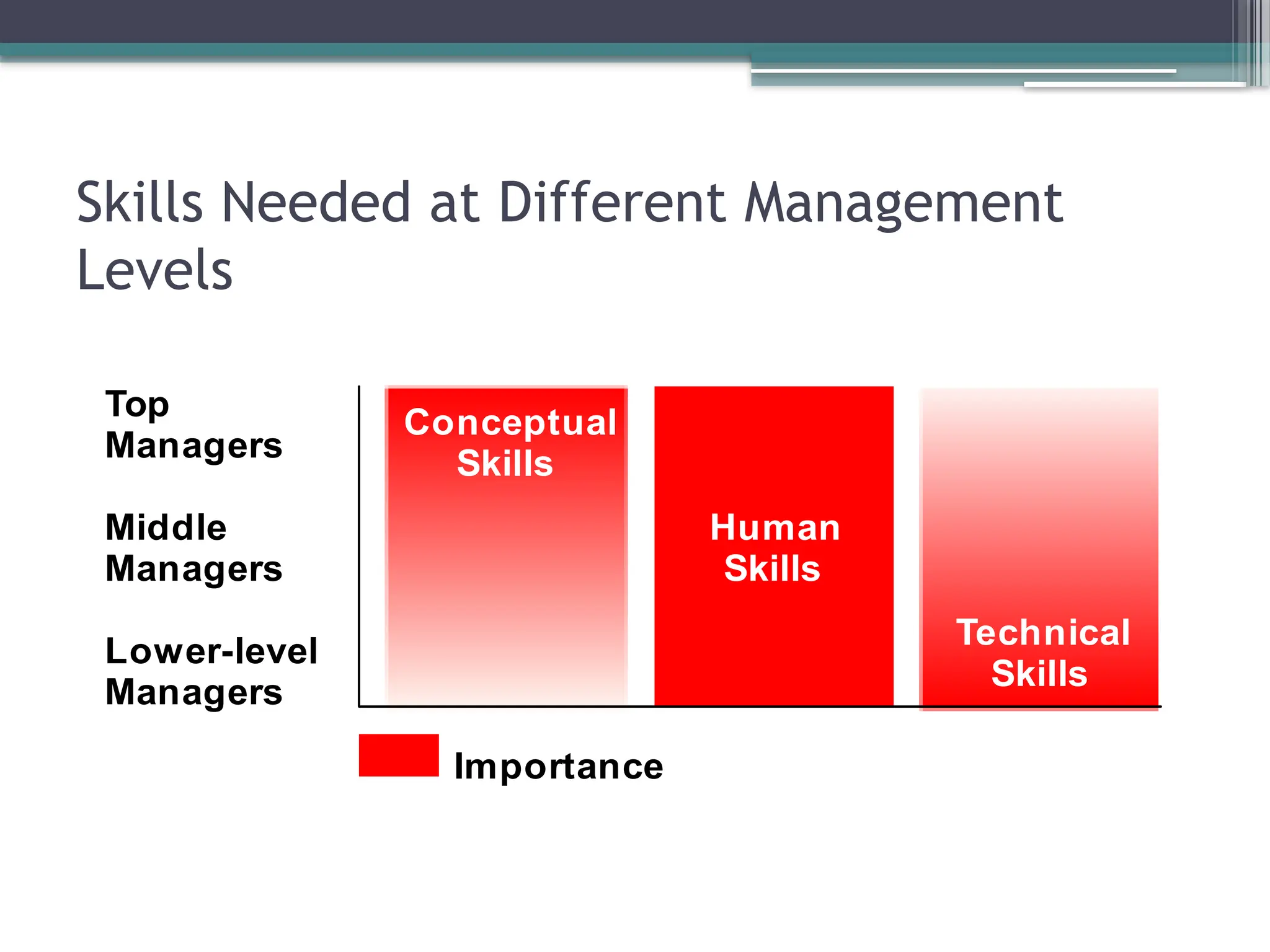 Skills Needed at Different Management
Levels
Top
Managers
Middle
Managers
Lower-level
Managers
Importance
Conceptual
Skills
Human
Skills
Technical
Skills
 
