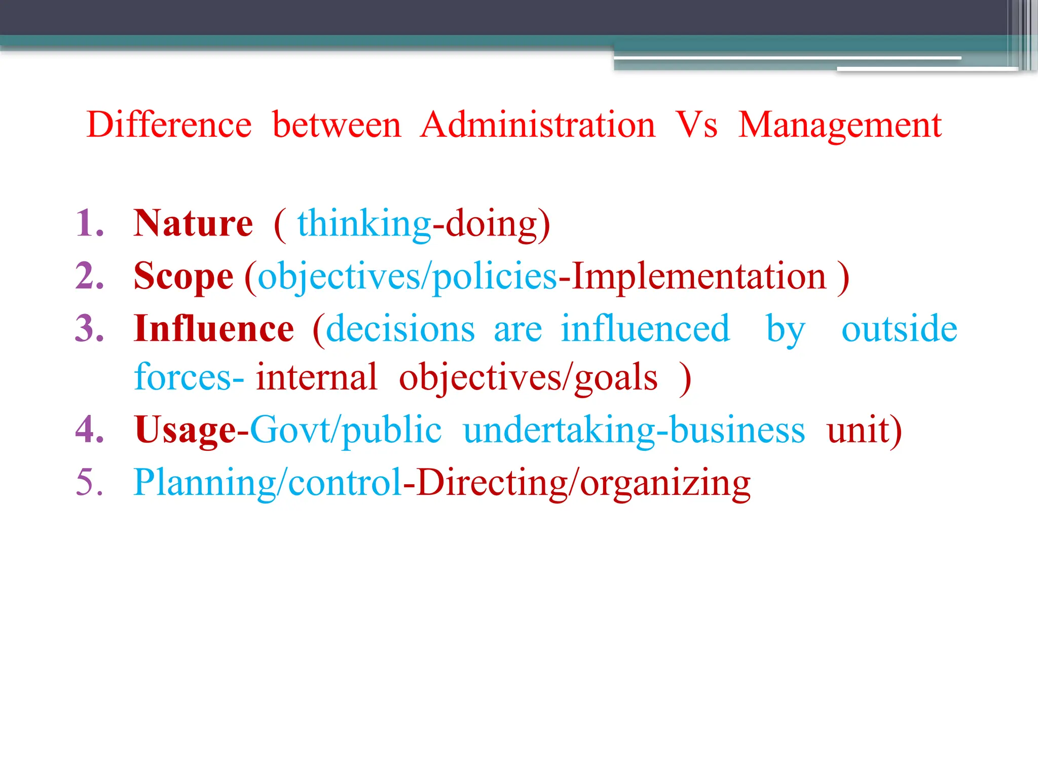 Difference between Administration Vs Management
1. Nature ( thinking-doing)
2. Scope (objectives/policies-Implementation )
3. Influence (decisions are influenced by outside
forces- internal objectives/goals )
4. Usage-Govt/public undertaking-business unit)
5. Planning/control-Directing/organizing
 