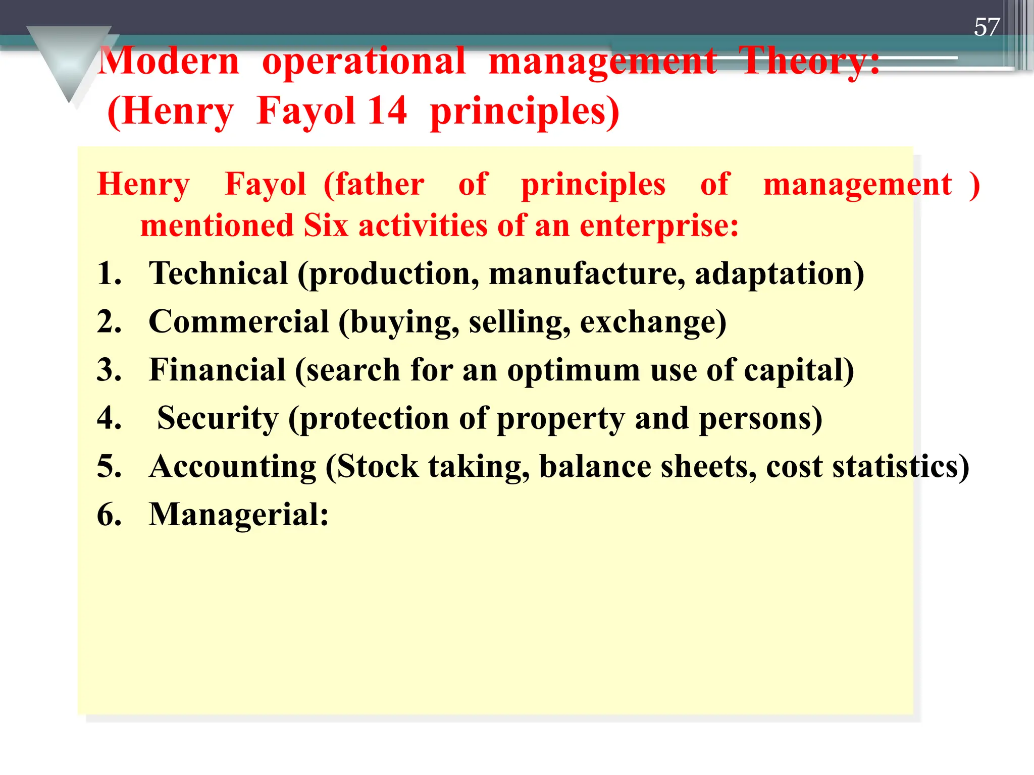 Modern operational management Theory:
(Henry Fayol 14 principles)
57
Henry Fayol (father of principles of management )
mentioned Six activities of an enterprise:
1. Technical (production, manufacture, adaptation)
2. Commercial (buying, selling, exchange)
3. Financial (search for an optimum use of capital)
4. Security (protection of property and persons)
5. Accounting (Stock taking, balance sheets, cost statistics)
6. Managerial:
 