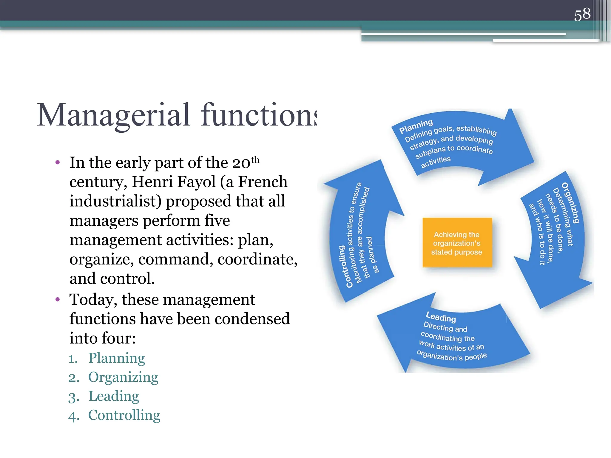 58
Managerial functions
• In the early part of the 20th
century, Henri Fayol (a French
industrialist) proposed that all
managers perform five
management activities: plan,
organize, command, coordinate,
and control.
• Today, these management
functions have been condensed
into four:
1. Planning
2. Organizing
3. Leading
4. Controlling
 