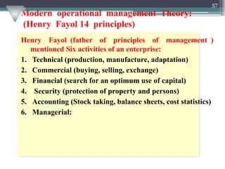 Modern operational management Theory:
(Henry Fayol 14 principles)
57
Henry Fayol (father of principles of management )
mentioned Six activities of an enterprise:
1. Technical (production, manufacture, adaptation)
2. Commercial (buying, selling, exchange)
3. Financial (search for an optimum use of capital)
4. Security (protection of property and persons)
5. Accounting (Stock taking, balance sheets, cost statistics)
6. Managerial:
 