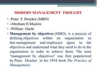 MODERN MANAGEMENT THOUGHT
• -Peter F. Drucker (MBO)
• -Abraham H.Maslow
• -William Ouchi
• Management by objectives (MBO), is a process of
defining objectives within an organization so
that management and employees agree to the
objectives and understand what they need to do in the
organization in order to achieve them. The term
"management by objectives" was first popularized
by Peter Drucker in his 1954 book The Practice of
Management.[
 