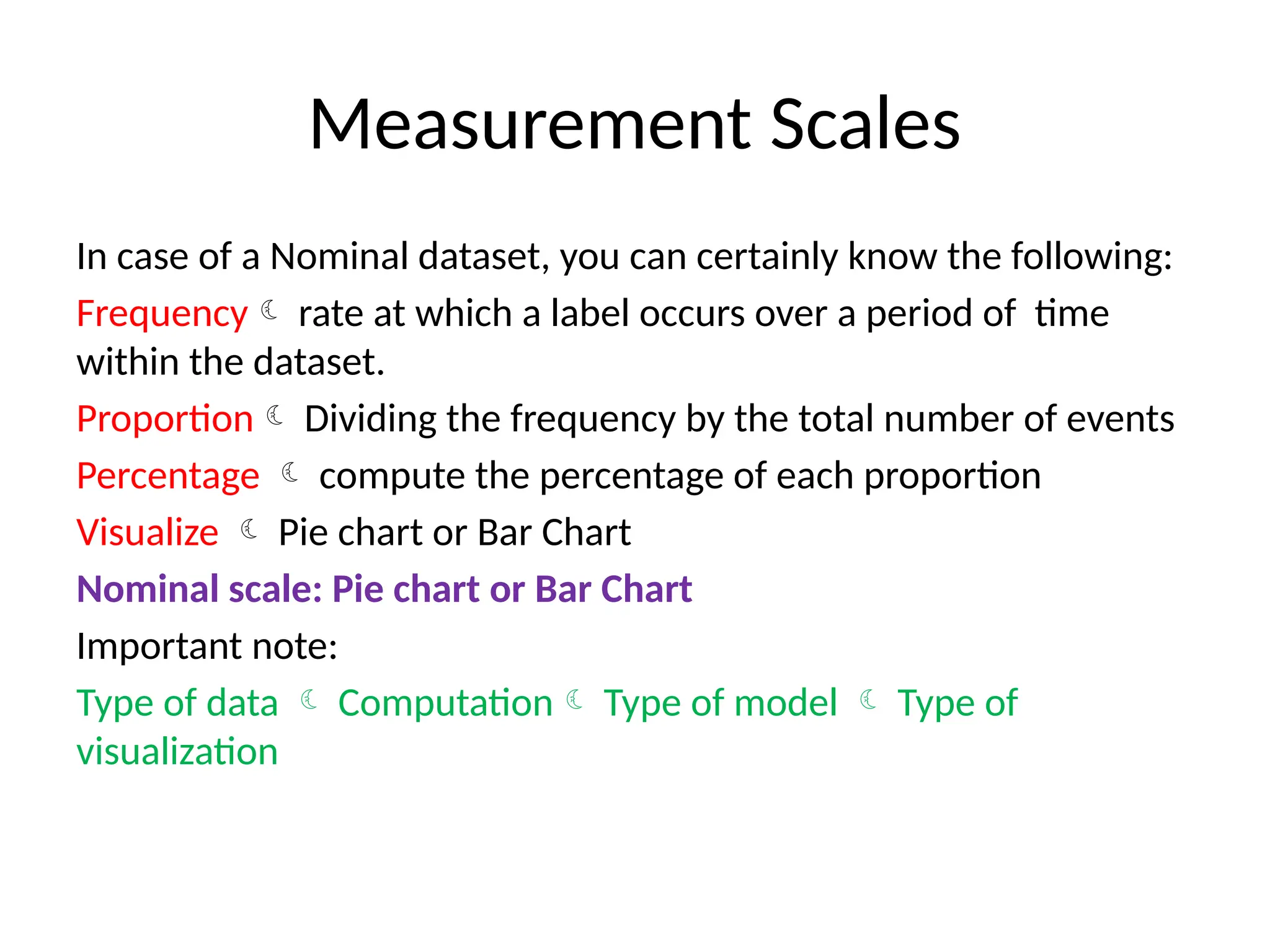 Measurement Scales
In case of a Nominal dataset, you can certainly know the following:
Frequency rate at which a label occurs over a period of time
within the dataset.
Proportion Dividing the frequency by the total number of events
Percentage  compute the percentage of each proportion
Visualize  Pie chart or Bar Chart
Nominal scale: Pie chart or Bar Chart
Important note:
Type of data  Computation Type of model  Type of
visualization
 