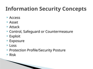  Access
 Asset
 Attack
 Control, Safeguard or Countermeasure
 Exploit
 Exposure
 Loss
 Protection Profile/Security Posture
 Risk
Information Security Concepts
 