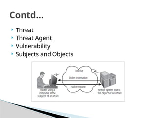  Threat
 Threat Agent
 Vulnerability
 Subjects and Objects
Contd…
 