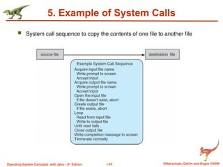 1.45 Silberschatz, Galvin and Gagne ©2009
Operating System Concepts with Java – 8th
Edition
5. Example of System Calls
 System call sequence to copy the contents of one file to another file
 