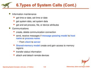 1.52 Silberschatz, Galvin and Gagne ©2009
Operating System Concepts with Java – 8th
Edition
6.Types of System Calls (Cont.)
 Information maintenance
 get time or date, set time or date
 get system data, set system data
 get and set process, file, or device attributes
 Communications
 create, delete communication connection
 send, receive messages if message passing model to host
name or process name
 From client to server
 Shared-memory model create and gain access to memory
regions
 transfer status information
 attach and detach remote devices
 