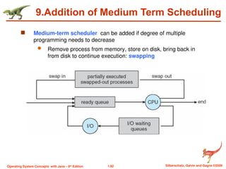 1.82 Silberschatz, Galvin and Gagne ©2009
Operating System Concepts with Java – 8th
Edition
9.Addition of Medium Term Scheduling
 Medium-term scheduler can be added if degree of multiple
programming needs to decrease
 Remove process from memory, store on disk, bring back in
from disk to continue execution: swapping
 
