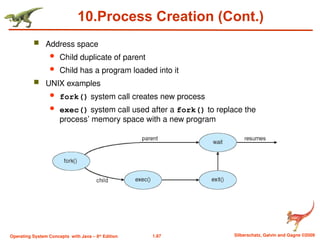 1.87 Silberschatz, Galvin and Gagne ©2009
Operating System Concepts with Java – 8th
Edition
10.Process Creation (Cont.)
 Address space
 Child duplicate of parent
 Child has a program loaded into it
 UNIX examples
 fork() system call creates new process
 exec() system call used after a fork() to replace the
process’ memory space with a new program
 