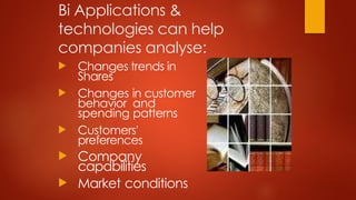 Bi Applications &
technologies can help
companies analyse:
 Changes trends in
Shares
 Changes in customer
behavior and
spending patterns
 Customers'
preferences
 Company
capabilities
 Market conditions
 