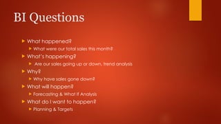 BI Questions
 What happened?
 What were our total sales this month?
 What’s happening?
 Are our sales going up or down, trend analysis
 Why?
 Why have sales gone down?
 What will happen?
 Forecasting & What If Analysis
 What do I want to happen?
 Planning & Targets
 