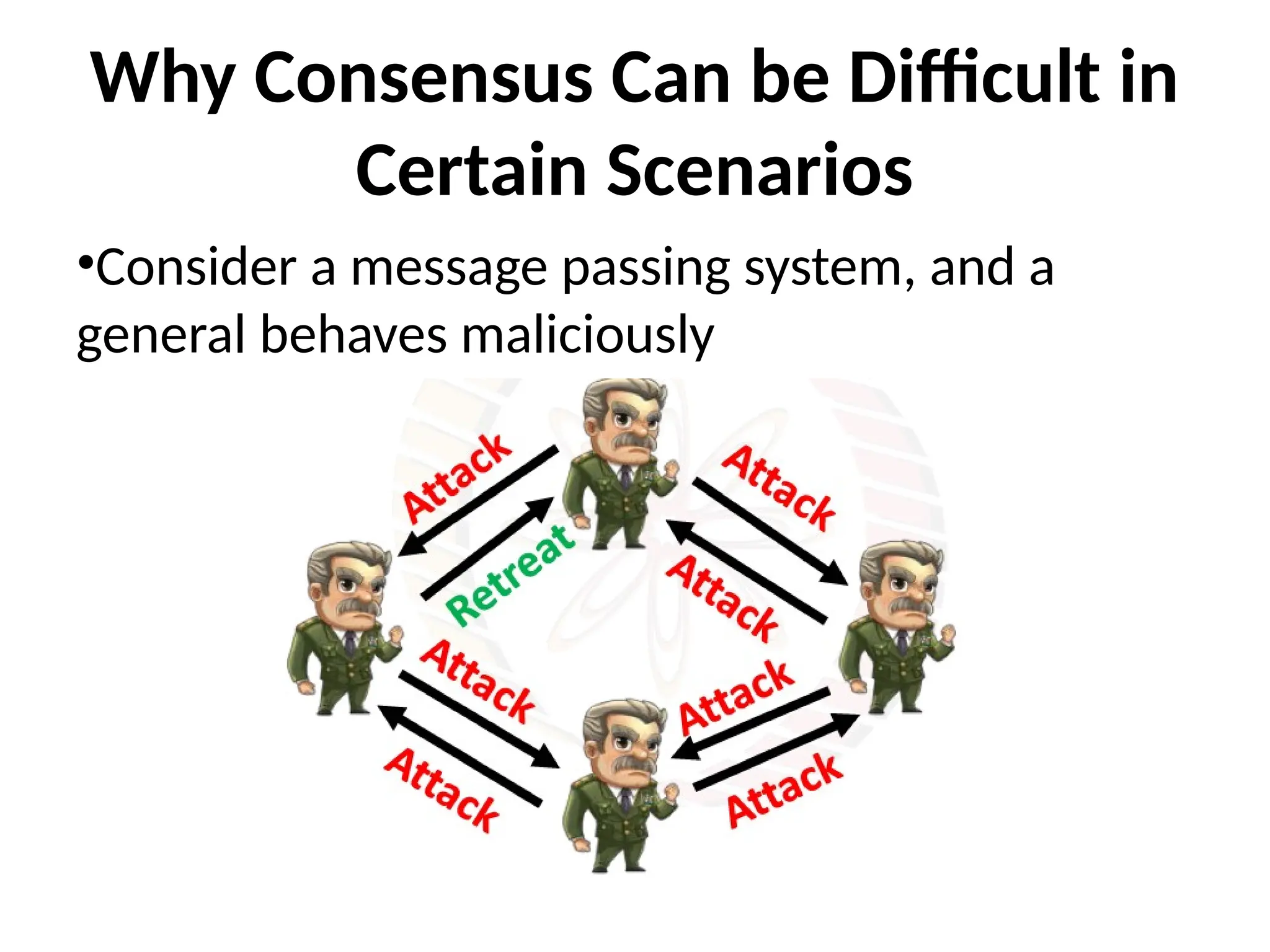 Why Consensus Can be Difficult in
Certain Scenarios
•Consider a message passing system, and a
general behaves maliciously
 