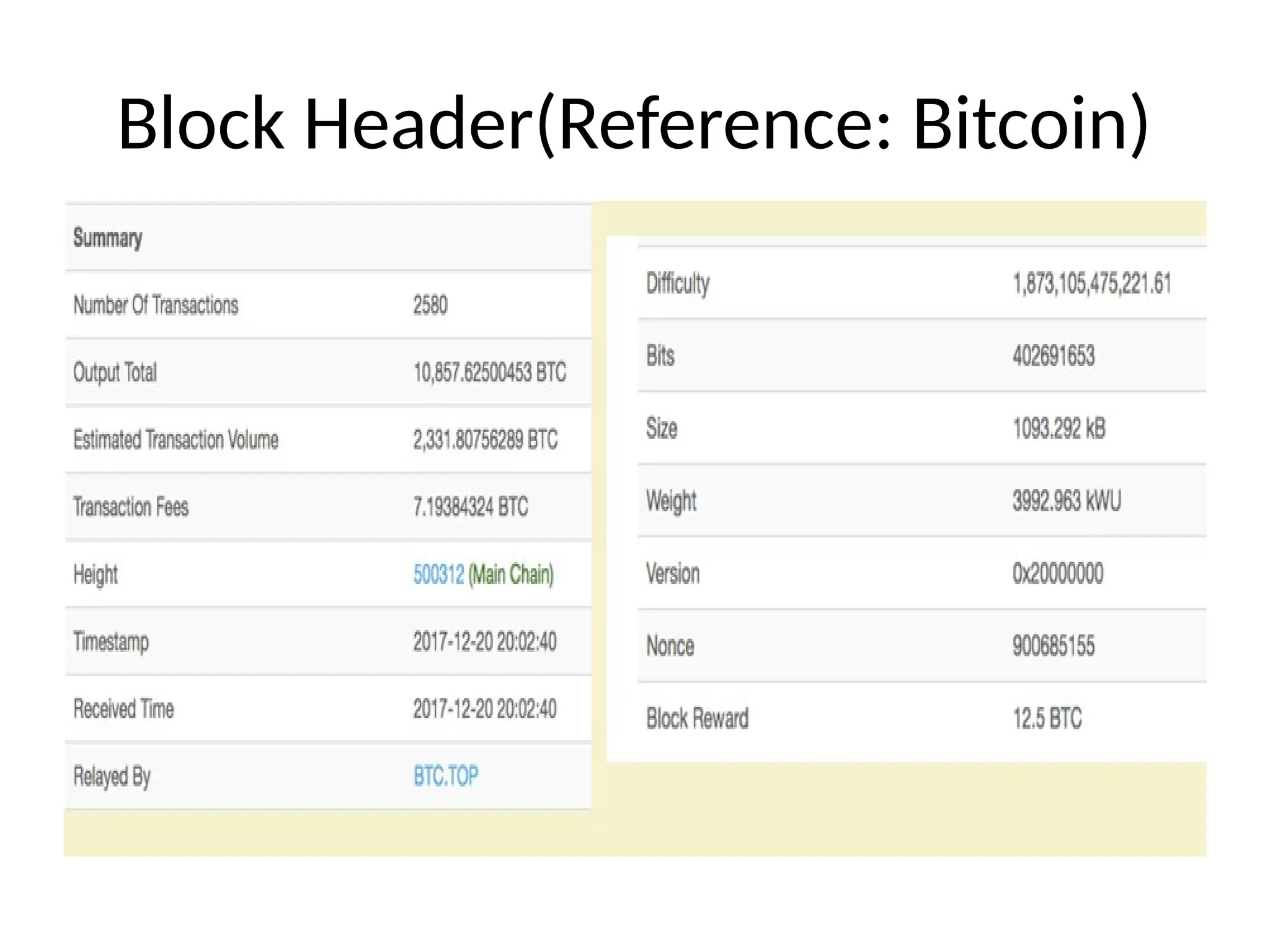Block Header(Reference: Bitcoin)
 
