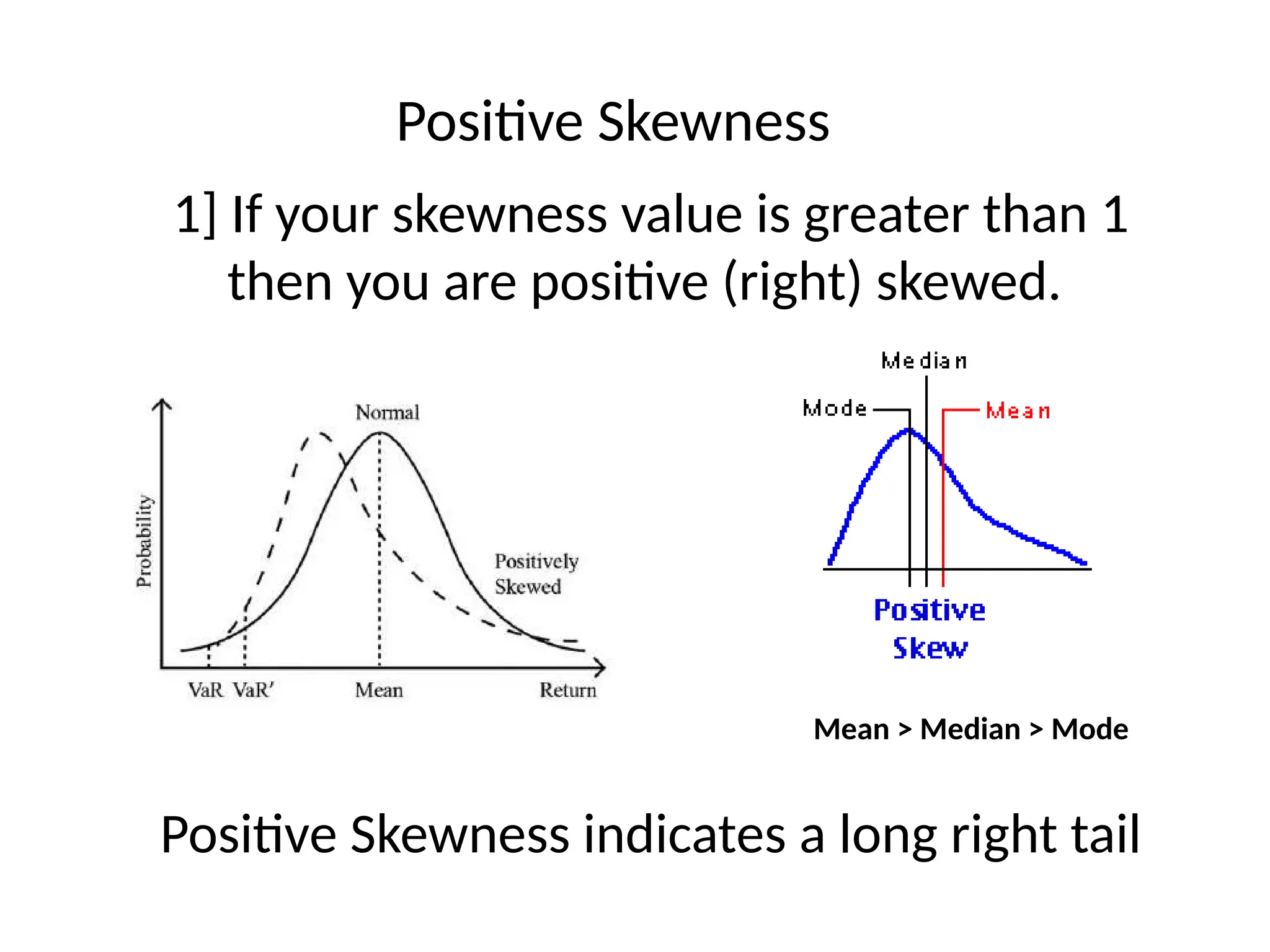 Positive Skewness
1] If your skewness value is greater than 1
then you are positive (right) skewed.
Positive Skewness indicates a long right tail
Mean ˃ Median ˃ Mode
 