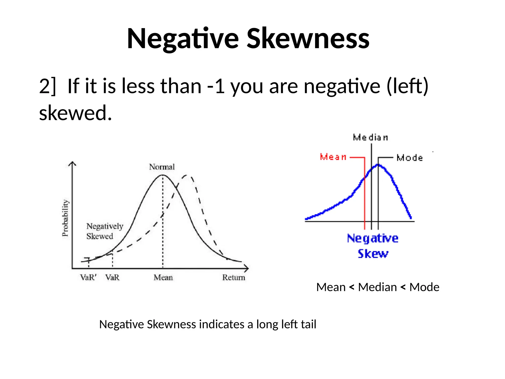 Negative Skewness
2] If it is less than -1 you are negative (left)
skewed.
Mean ˂ Median ˂ Mode
Negative Skewness indicates a long left tail
 