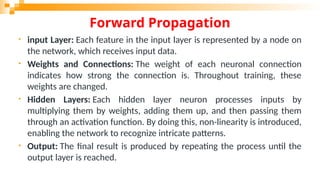 Forward Propagation
• input Layer: Each feature in the input layer is represented by a node on
the network, which receives input data.
• Weights and Connections: The weight of each neuronal connection
indicates how strong the connection is. Throughout training, these
weights are changed.
• Hidden Layers: Each hidden layer neuron processes inputs by
multiplying them by weights, adding them up, and then passing them
through an activation function. By doing this, non-linearity is introduced,
enabling the network to recognize intricate patterns.
• Output: The final result is produced by repeating the process until the
output layer is reached.
 
