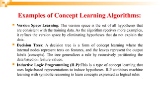 Examples of Concept Learning Algorithms:
 Version Space Learning: The version space is the set of all hypotheses that
are consistent with the training data. As the algorithm receives more examples,
it refines the version space by eliminating hypotheses that do not explain the
data.
 Decision Trees: A decision tree is a form of concept learning where the
internal nodes represent tests on features, and the leaves represent the output
labels (concepts). The tree generalizes a rule by recursively partitioning the
data based on feature values.
 Inductive Logic Programming (ILP):This is a type of concept learning that
uses logic-based representations to induce hypotheses. ILP combines machine
learning with symbolic reasoning to learn concepts expressed as logical rules
 
