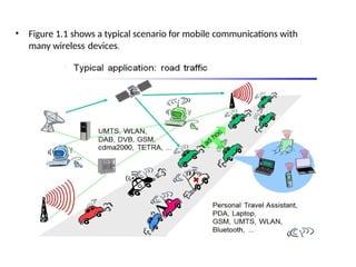 • Figure 1.1 shows a typical scenario for mobile communications with
many wireless devices.
 