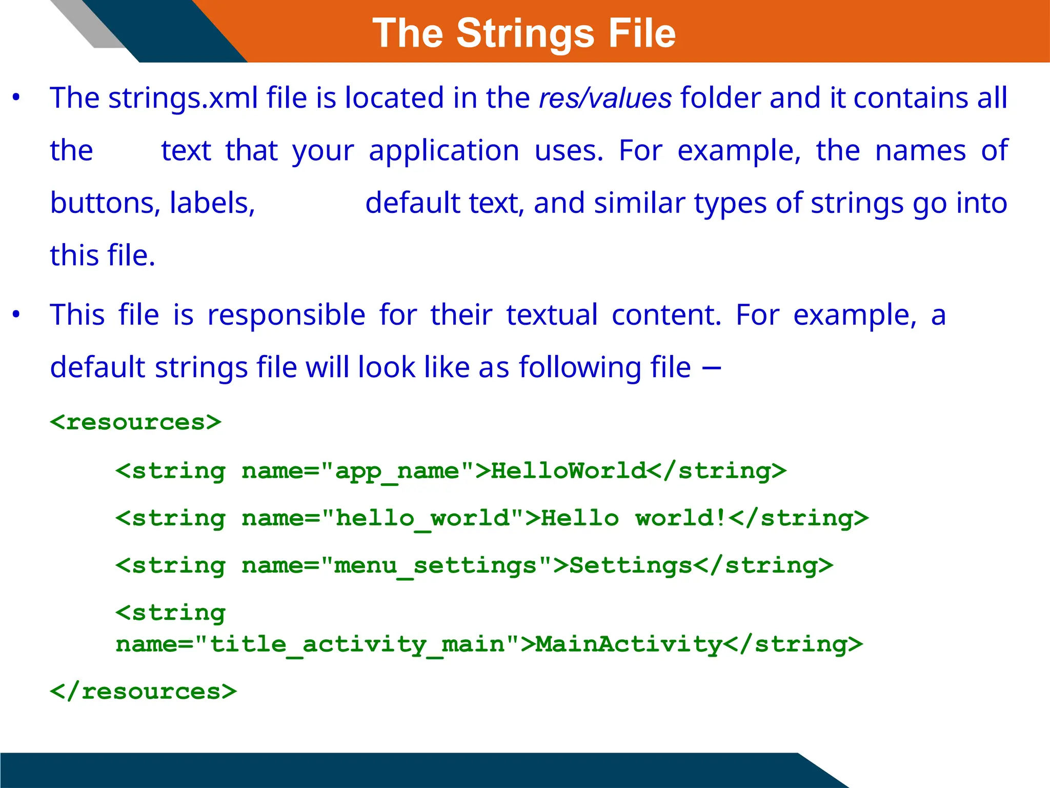 The Strings File
• The strings.xml file is located in the res/values folder and it contains all
the text that your application uses. For example, the names of
buttons, labels, default text, and similar types of strings go into
this file.
• This file is responsible for their textual content. For example, a
default strings file will look like as following file −
<resources>
<string name="app_name">HelloWorld</string>
<string name="hello_world">Hello world!</string>
<string name="menu_settings">Settings</string>
<string
name="title_activity_main">MainActivity</string>
</resources>
 