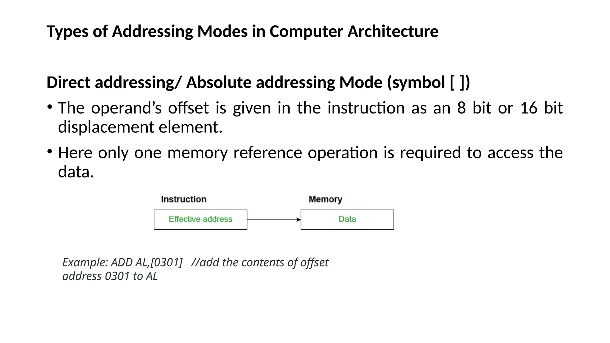 Types of Addressing Modes in Computer Architecture
Direct addressing/ Absolute addressing Mode (symbol [ ])
• The operand’s offset is given in the instruction as an 8 bit or 16 bit
displacement element.
• Here only one memory reference operation is required to access the
data.
Example: ADD AL,[0301] //add the contents of offset
address 0301 to AL
 