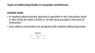 Types of Addressing Modes in Computer Architecture
Implied mode
• In implied addressing the operand is specified in the instruction itself.
In this mode the data is 8 bits or 16 bits long and data is the part of
instruction.
• Zero address instruction are designed with implied addressing mode.
 