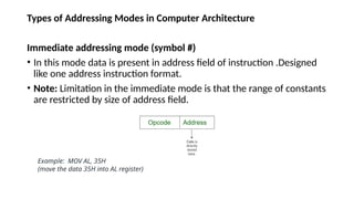 Types of Addressing Modes in Computer Architecture
Immediate addressing mode (symbol #)
• In this mode data is present in address field of instruction .Designed
like one address instruction format.
• Note: Limitation in the immediate mode is that the range of constants
are restricted by size of address field.
Example: MOV AL, 35H
(move the data 35H into AL register)
 