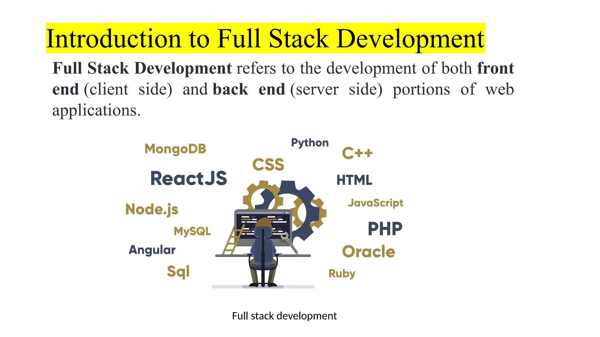 Introduction to Full Stack Development Full Stack Development refers to the development of both front end (client side) and back end (server side) portions of web applications. Full stack development 