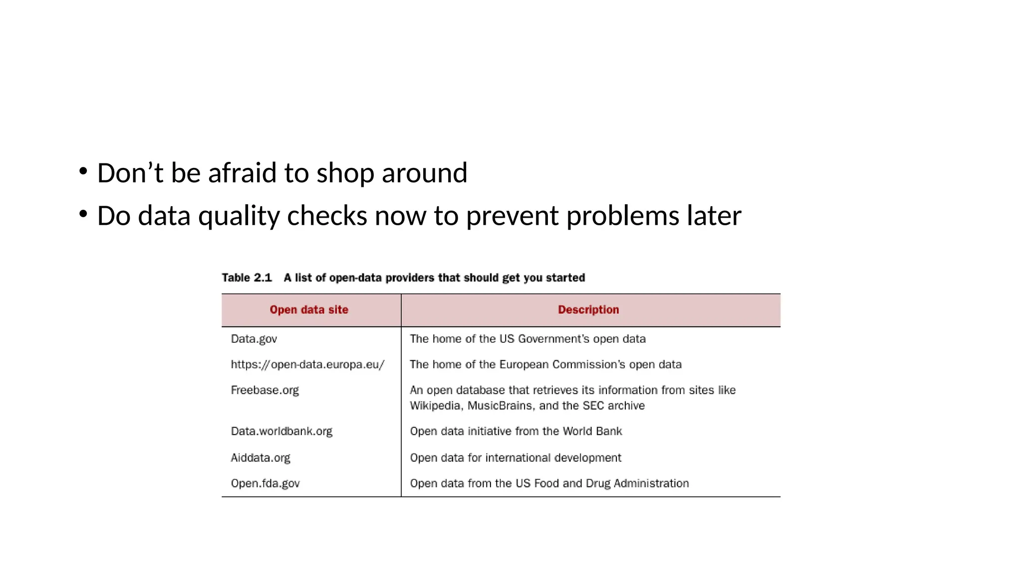 • Don’t be afraid to shop around • Do data quality checks now to prevent problems later 