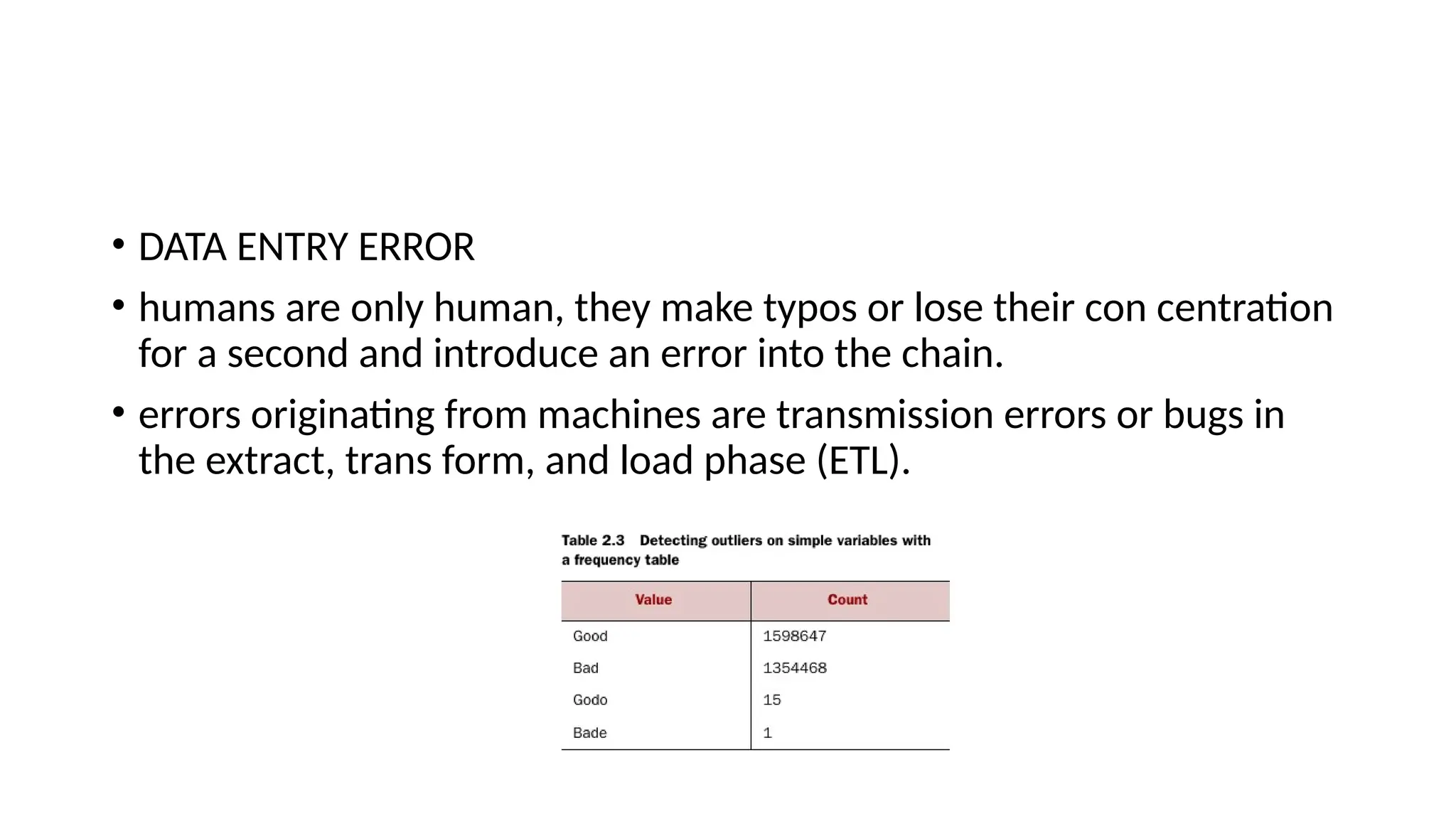 • DATA ENTRY ERROR • humans are only human, they make typos or lose their con centration for a second and introduce an error into the chain. • errors originating from machines are transmission errors or bugs in the extract, trans form, and load phase (ETL). 