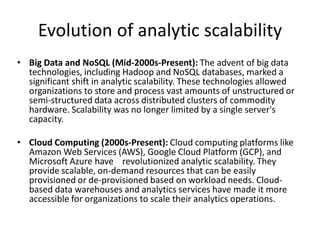Evolution of analytic scalability
• Big Data and NoSQL (Mid-2000s-Present): The advent of big data
technologies, including Hadoop and NoSQL databases, marked a
significant shift in analytic scalability. These technologies allowed
organizations to store and process vast amounts of unstructured or
semi-structured data across distributed clusters of commodity
hardware. Scalability was no longer limited by a single server's
capacity.
• Cloud Computing (2000s-Present): Cloud computing platforms like
Amazon Web Services (AWS), Google Cloud Platform (GCP), and
Microsoft Azure have revolutionized analytic scalability. They
provide scalable, on-demand resources that can be easily
provisioned or de-provisioned based on workload needs. Cloud-
based data warehouses and analytics services have made it more
accessible for organizations to scale their analytics operations.
 