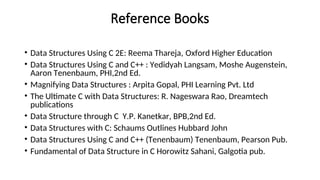 Reference Books
• Data Structures Using C 2E: Reema Thareja, Oxford Higher Education
• Data Structures Using C and C++ : Yedidyah Langsam, Moshe Augenstein,
Aaron Tenenbaum, PHI,2nd Ed.
• Magnifying Data Structures : Arpita Gopal, PHI Learning Pvt. Ltd
• The Ultimate C with Data Structures: R. Nageswara Rao, Dreamtech
publications
• Data Structure through C Y.P. Kanetkar, BPB,2nd Ed.
• Data Structures with C: Schaums Outlines Hubbard John
• Data Structures Using C and C++ (Tenenbaum) Tenenbaum, Pearson Pub.
• Fundamental of Data Structure in C Horowitz Sahani, Galgotia pub.
 