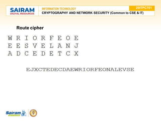 ● Route cipher
20ITPC701
CRYPTOGRAPHY AND NETWORK SECURITY (Common to CSE & IT)
 